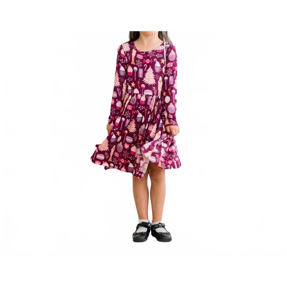 NEW KICKEE long sleeve twirl dress with pockets in melody sugar plum